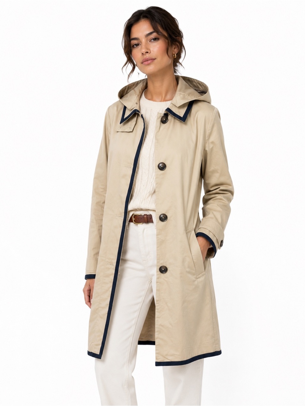 Brooks Brothers Tan And Navy Trim Mid Length Cotton Trench Coat With Hood Size 6